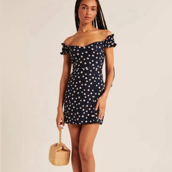 Abercrombie & Fitch Dresses & Skirts - A&F Navy Linen Polka Dot Mini Dress Off the Shoulder XS